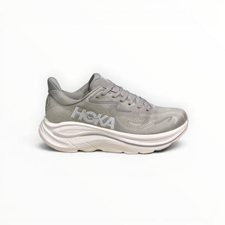 FWSports Shoes women's Hoka Clifton 10 running shoe in grey with breathable mesh upper and thick white EVA midsole.