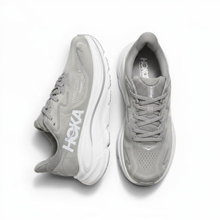 FWSports Shoes women's Hoka Clifton 10 running shoes in grey with breathable mesh upper and white cushioned midsole.