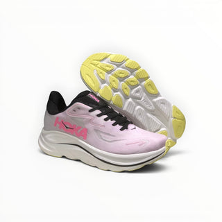 FWSports Shoes Women's Hoka Clifton 10 in pink and black with a breathable mesh upper and yellow rubber outsole.