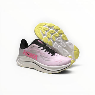 FWSports Shoes Hoka Clifton 10 running shoes in pink and black with a thick cushioned midsole and yellow rubber outsole.