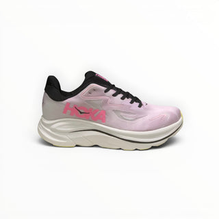 FWSports Shoes Hoka Clifton 10 running shoe in pink and black with breathable mesh upper and thick cushioned midsole