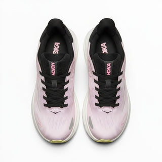 FWSports Shoes women's Hoka Clifton 10 running shoes in pink and black with breathable mesh upper and cushioned sole.