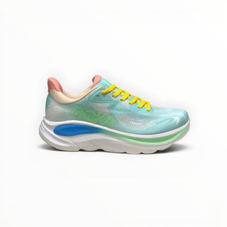 FWSports Shoes women's Hoka Clifton 10 running shoe in blue, green, and yellow with a thick white cushioned midsole.