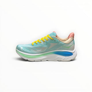 FWSports Shoes Hoka Clifton 10 women's running shoe in blue-green and yellow with a thick white EVA midsole.