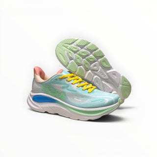 FWSports Shoes Hoka Clifton 10 men's running shoe in blue, green, and yellow with a thick white EVA midsole.