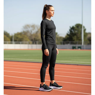 FWSports Shoes model wearing black and white Hoka Clifton 10 running shoes on an outdoor track.