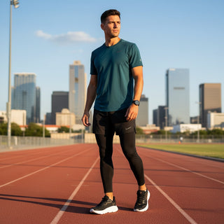 FWSports Shoes model wearing black and brown Hoka Clifton 10 running shoes on an outdoor track with city skyline