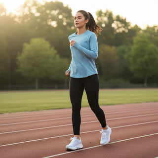 FWSports Shoes woman running on a track wearing blue and white Hoka Clifton 10 sneakers with athletic gear