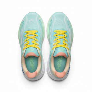 FWSports Shoes Women's Hoka Clifton 10 running shoes in blue, green, and yellow with breathable mesh and plush cushion.