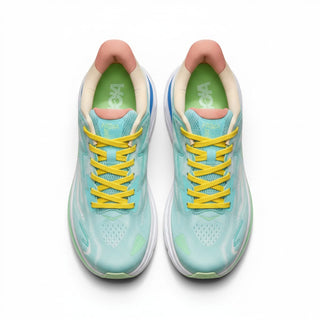 FWSports Shoes Hoka Clifton 10 men's running shoes in blue, green, and yellow with breathable mesh and cushioned soles.