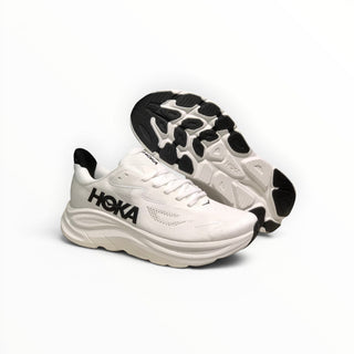FWSports Shoes Hoka Clifton 10 men's running shoes in white with black accents, featuring mesh upper and thick EVA midsole.
