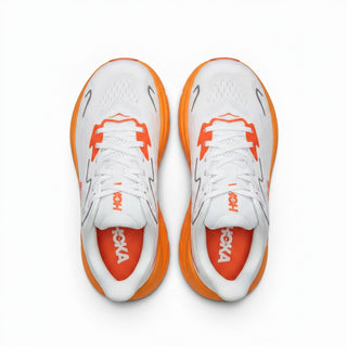 FWSports Shoes Hoka Clifton 10 men's running shoes in white and orange with breathable mesh upper and cushioned sole.