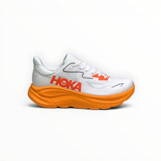 FWSports Shoes Hoka Clifton 10 men's running shoe in white mesh with vibrant orange midsole and branding details.