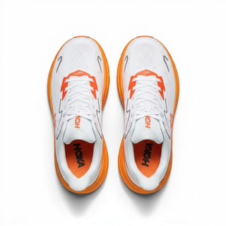 Top view of FWSports Shoes women's Hoka Clifton 10 running shoes in white and orange with breathable mesh upper.