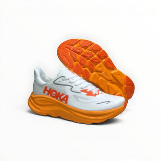 FWSports Shoes Hoka Clifton 10 running shoe in white and orange with a thick EVA midsole and durable rubber outsole.