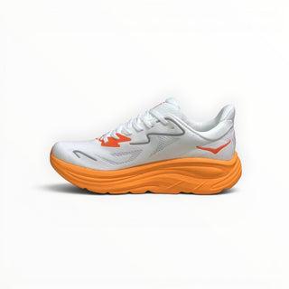 FWSports Shoes women's Hoka Clifton 10 running shoe in white mesh with a vibrant orange cushioned midsole