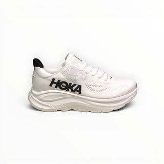 FWSports Shoes Womens Hoka Clifton 10 running shoe in white with black accents, featuring a mesh upper and thick sole.