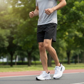 FWSports Shoes Hoka Clifton 10 running shoes in white with black accents worn by a man jogging on a track.