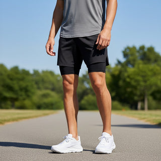 FWSports Shoes men wearing white Hoka Clifton 10 running shoes with black athletic shorts on an outdoor path.
