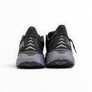 FWSports Shoes Hoka Clifton 8 women's running shoes in black, showing the rear view with reflective heel details.