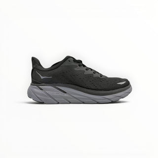 FWSports Shoes Hoka Clifton 8 men's running shoe in black with a thick cushioned midsole and breathable mesh upper.