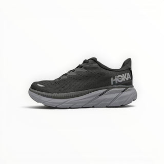 FWSports Shoes Hoka Clifton 8 men's running shoe in black with a thick cushioned midsole and breathable mesh upper