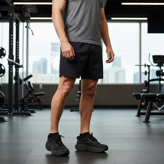 A man wearing FWSports Shoes Hoka Clifton 8 black running shoes in a gym setting with grey shirt and black shorts.