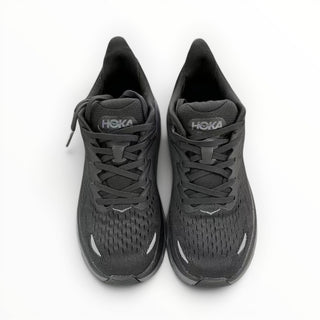 FWSports Shoes Hoka Clifton 8 men's black running shoes with breathable mesh upper and cushioned midsole.
