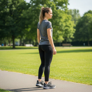Woman wearing FWSports Shoes Hoka Clifton 8 black running shoes while standing on a park path.