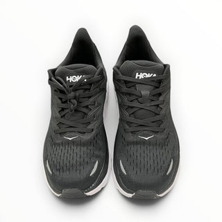 FWSports Shoes Hoka Clifton 8 running shoes in black mesh with white midsoles, viewed from above.