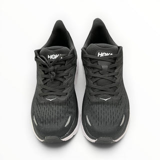 FWSports Shoes Hoka Clifton 8 women's running shoes in black and white with breathable mesh upper and lace-up closure.