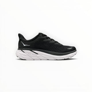 FWSports Shoes Hoka Clifton 8 black and white road running shoe with a cushioned midsole and breathable mesh upper.