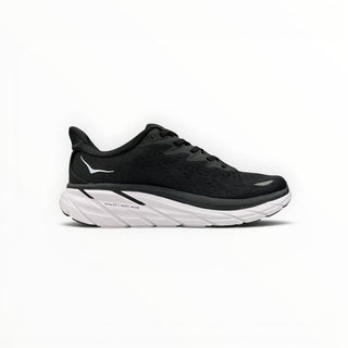 FWSports Shoes Hoka Clifton 8 women's running shoe in black mesh with a thick white cushioned midsole.