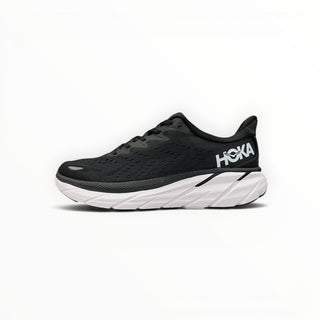 FWSports Shoes Hoka Clifton 8 black and white road running shoe with breathable mesh upper and cushioned midsole