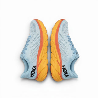 FWSports Shoes Hoka Clifton 8 men's running shoes in light blue mesh with orange foam midsoles, top-down view.