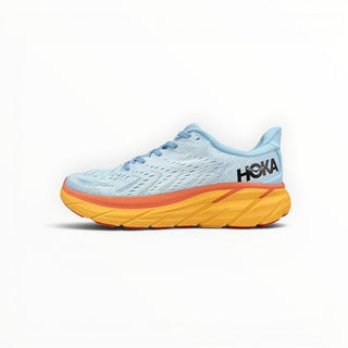 FWSports Shoes Hoka Clifton 8 women's running shoe in light blue mesh with a vibrant orange cushioned midsole.