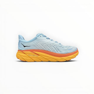 FWSports Shoes Hoka Clifton 8 women's running shoe in light blue mesh with a vibrant orange cushioned midsole.