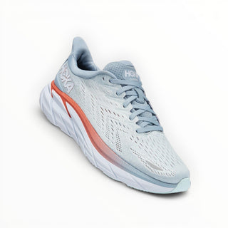 FWSports Shoes Hoka Clifton 8 men's running shoe in light blue fog with a white cushioned sole and orange accent.