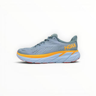 FWSports Shoes Hoka Clifton 8 women's running shoe in mountain spring and goblin blue with orange logo and thick sole.