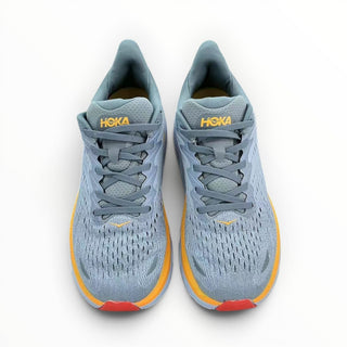 FWSports Shoes Hoka Clifton 8 women's running shoes in mountain spring and goblin blue with mesh upper and orange accents.
