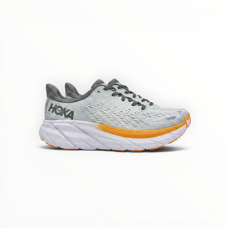 FWSports Shoes Hoka One Clifton 8 women's running shoes in celeste yellow with a cushioned white and orange midsole.