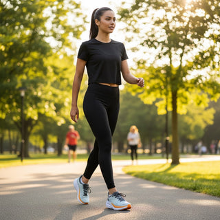 A woman walking in a park wearing FWSports Shoes Hoka Clifton 8 running shoes in celeste yellow with black athletic gear.