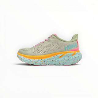 FWSports Shoes Hoka Clifton 8 women's running shoe in seaweed green mesh with a speckled blue and orange foam midsole.