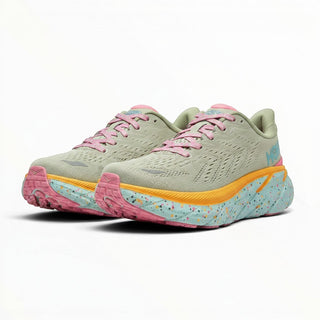 FWSports Shoes Hoka Clifton 8 running shoes in seaweed green mesh with pink laces and a speckled cushioned midsole.