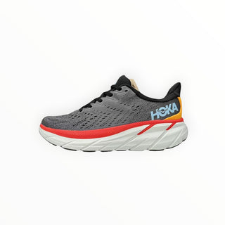 FWSports Shoes Hoka Clifton 8 women's running shoe in grey mesh with a white midsole, red accent, and black details.