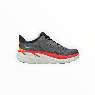 FWSports Shoes Hoka Clifton 8 women's running shoe in grey mesh with a red midsole and black accents.