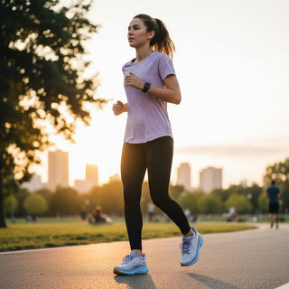 FWSports Shoes HOKA CLIFTON 8 women's running shoes in baby lavender, worn by a runner in a park at sunset.