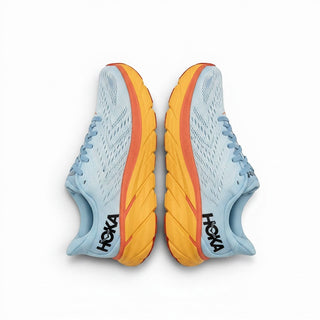 FWSports Shoes Hoka Clifton 8 women's running shoes in light blue mesh with orange foam midsoles and black branding.