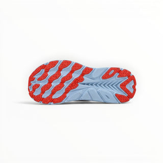 FWSports Shoes Hoka Clifton 8 running shoe outsole in light blue and red, showing traction pattern and tread design.
