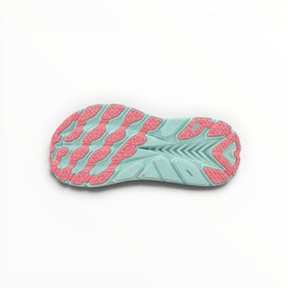 FWSports Shoes Hoka Clifton 8 women's running shoe outsole in seaweed and green tea with pink rubber traction pods